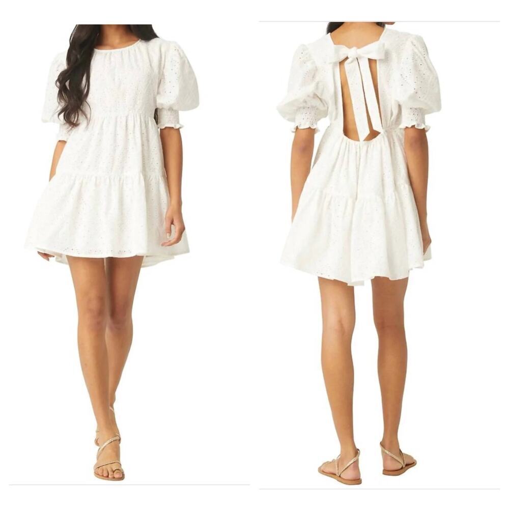 Misa Fraser Tiered Mini Dress Puffed Sleeves Eyelet White Size XS NWOT